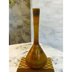Vtg Neker Brothers Israeli Bud Vase Hand Blown Amber Glass With Sticker 12” Tall